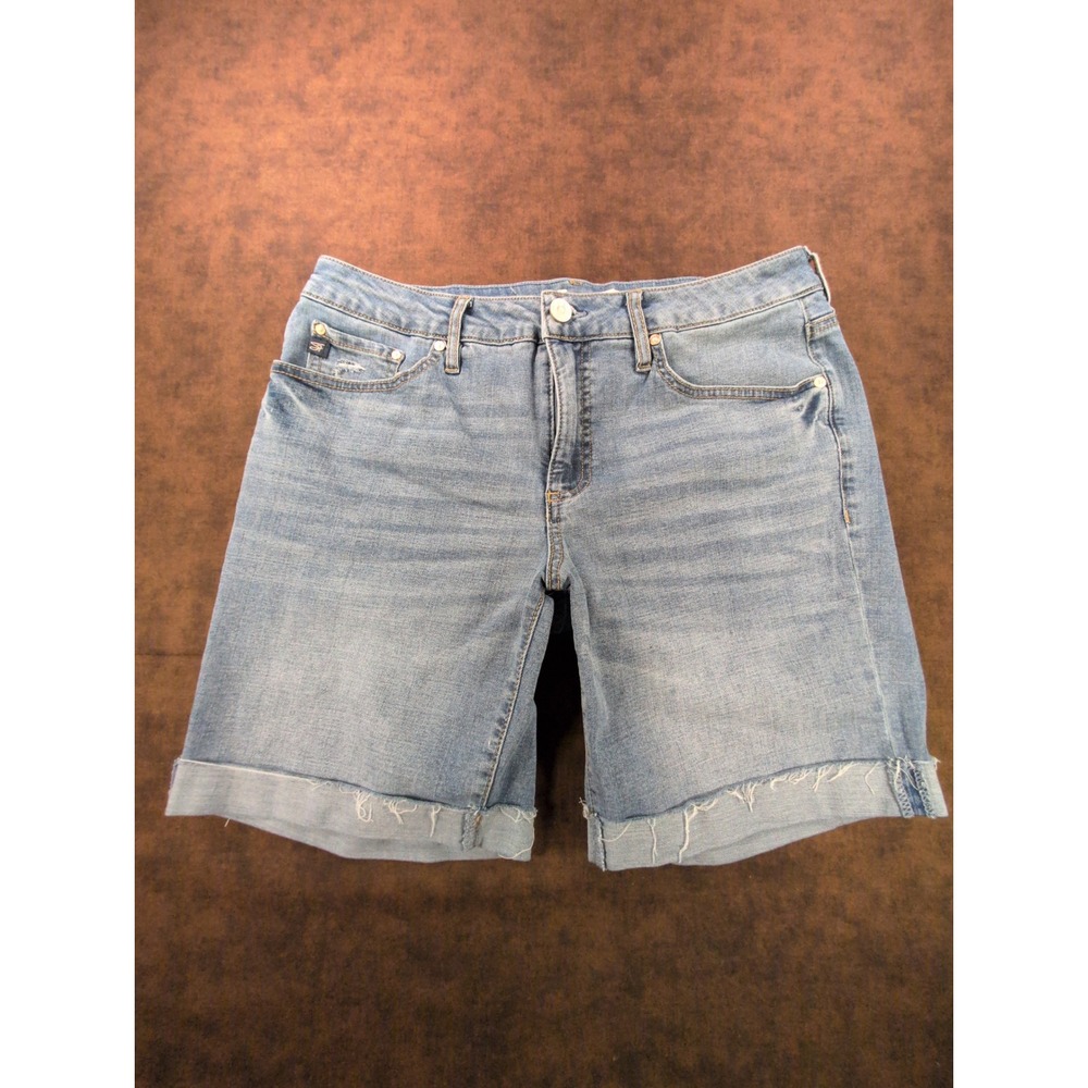 Seven7 Women‎ Medium Wash Relaxed Bermuda Denim Shorts Cuffed Raw Hem Size 8